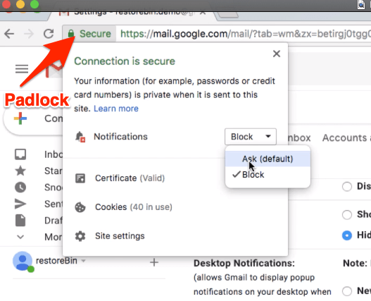 Browser Notification Ask and Allow from Security padlock